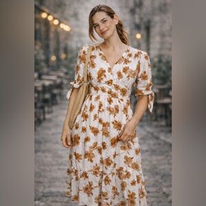 Altar’d state Floral Tie-Sleeve Midi Dress in cottagecore Cream and Brown size S